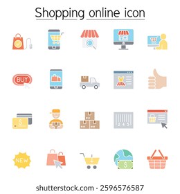 Shopping online and E-commerce icon set in flat color style