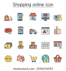 Shopping online and E-commerce icon in thin line style in color line style