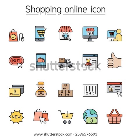 Shopping online and E-commerce icon in thin line style in color line style