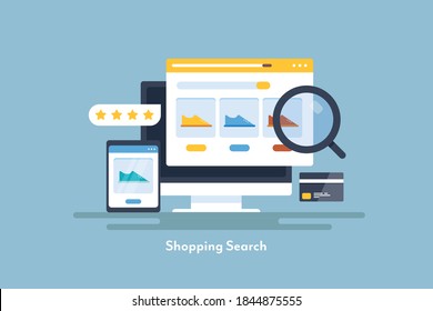 Shopping online, Ecommerce website, customer experience, Mobile app for shopping, digital marketplace - conceptual flat design vector illustration