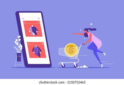 comprar en línea. Comercio electrónico y compras en línea. Mujer corriendo con carrito de la compra a tienda online, Ilustración plana vectorial.