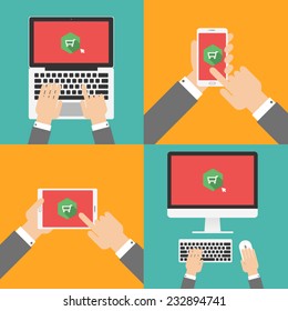 shopping online with electronic devices. smart phone, tablet, laptop, computer