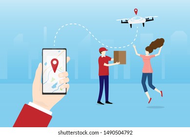 Shopping online and fast delivery concept. Happy customer receive the product on time or due date. Big hand holding smartphone with location oder. Vector illustration in flat style.