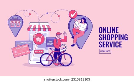 Shopping online and fast shipping. Food delivery boy. Ecommerce order notification message. Smartphone marketing and e-commerce. Delivery Man Ride bicycle Cartoon Vector.
