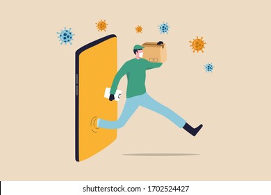 Shopping online and fast shipping while self quarantine in social distancing Coronavirus COVID-19 outbreak concept, agile delivery man run from smart phone shopping website ship package to customer