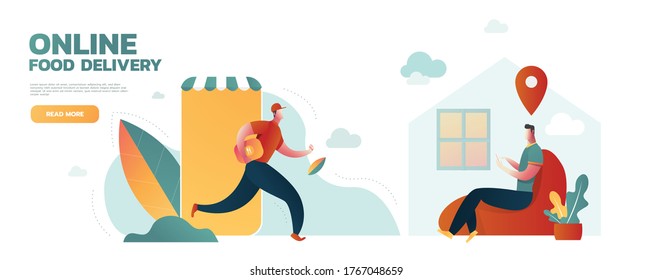 Shopping online and fast shipping while self quarantine in social distancing Coronavirus COVID-19 outbreak concept, agile delivery man run from smart phone shopping website ship package to customer.