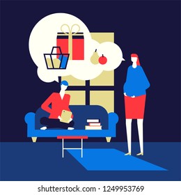 Shopping online - flat design style colorful illustration. High quality composition with cute characters, pregnant woman that wants some products, her husband ordering things with the tablet