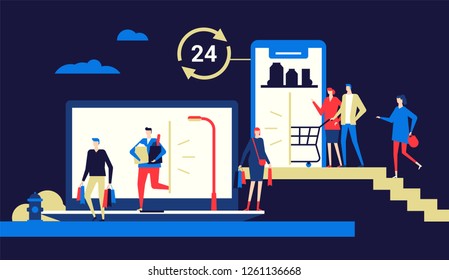 Shopping online - flat design style colorful illustration on blue background. High quality composition with male, female characters, buying products, food via laptop, smartphone, open 24 hours symbol