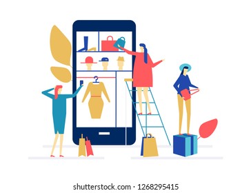 Shopping online - flat design style colorful illustration. High quality composition with cute characters, women buying clothes and accessories, bags, dresses via mobile app, using smartphone