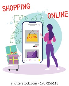 Shopping online flat vector illustration. Girl buying goods via internet. Mobile shopping concept. 