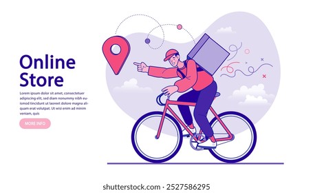 Shopping online. Food delivery boy. Ecommerce order notification message. Smartphone marketing and e-commerce. delivery man by bicycle. Vector illustration.