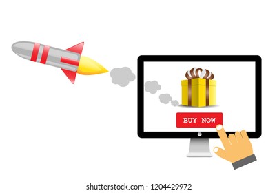 shopping online form desktop computer and fast delivery by rocket concept