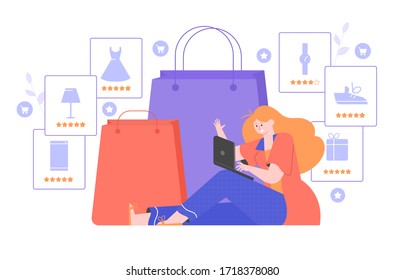 Shopping online. Girl with a laptop next to a giant paper bags. The customer selects the goods to order. E-commerce. Flat vector illustration.
