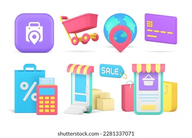 Shopping online global retail shop store order purchase sale discount payment set 3d icon realistic vector illustration. Commercial business market grocery supermarket trolley credit card POS terminal