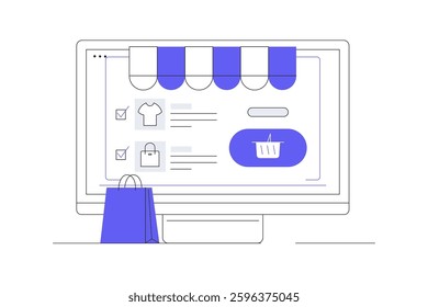 Shopping online. Сhoosing goods at store, ordering and paying online in app. Big computer screen. Flat Cartoon Vector Illustration, icon. Stylish abstract design for website