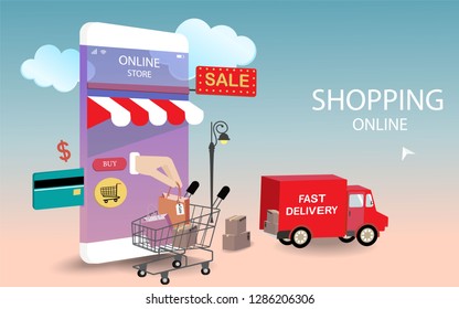 Shopping online gradient background with shopping bag,parcel,car and cart