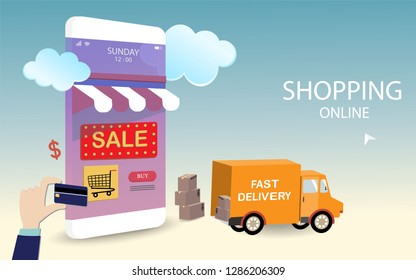 Shopping online gradient background with parcel,car and cart