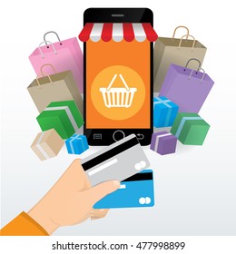 Shopping Online with Hand holding credit card, ecommerce concept, vector 10