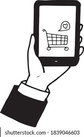 shopping online hand holds smartphone on the cart screen and heart sketch drawn by doodle. icon, poster, card, vector, monochrome, minimalism
