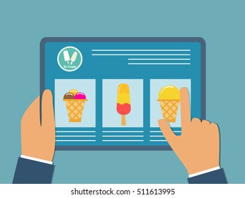 Shopping online hands of man make purchases on internet.Vector the tablet with the image of hands and ice cream .Online store.Website on the tablet screen.Human hand chooses ice cream Internet store.
