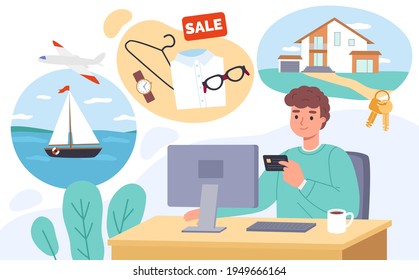 Shopping online. Happy man chooses product distantly, male customer pays purchases with credit card, internet payment systems, buying things on discount sale vector e-shopping concept