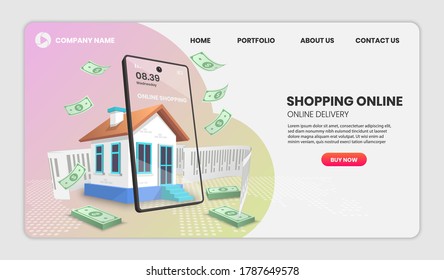 Shopping online with house concept. Online delivery service.3d vector illustration,Hero image for website