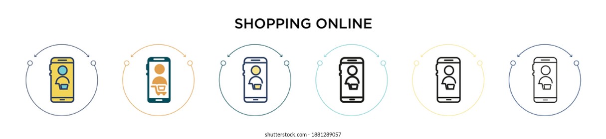 Shopping online icon in filled, thin line, outline and stroke style. Vector illustration of two colored and black shopping online vector icons designs can be used for mobile, ui, web