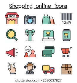 Shopping online icon set in color line style