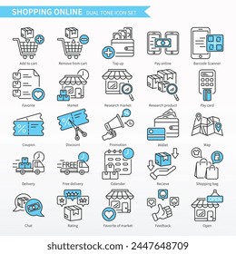 Shopping online icon set - Dual tone Icons. Same as add to cart, top up, pay online, research market, chat, wallet, map; location, delivery, feedback, etc.