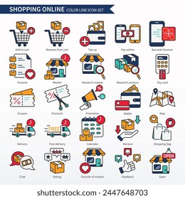 Shopping online icon set - Editable stroke. Pixel perfect vector, Color line Icons. Same as add to cart, top up, pay online, research market, chat, wallet, map; location, delivery, feedback, etc.