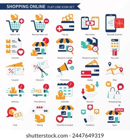 Shopping online icon set - Flat Icons. Same as add to cart, top up, pay online, research market, chat, wallet, map; location, delivery, feedback, etc.