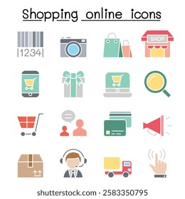 Shopping online icon set in flat color style