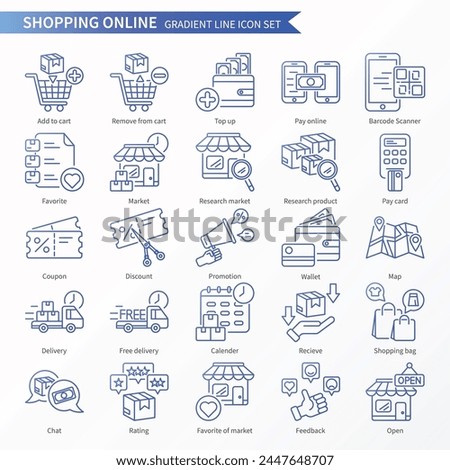 Shopping online icon set - Gradient line Icons. Same as add to cart, top up, pay online, research market, chat, wallet, map; location, delivery, feedback, etc.