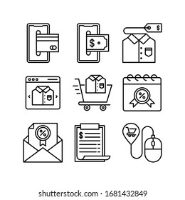 Shopping Online icon set = Online payment, Invoice, Price tag, Ecommerce, Trolley, Discount, Email, Price List, Mouse