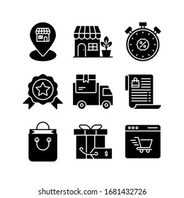 Shopping Online icon set = Pin, store market, stopwatch, medal, truck delivery, shopping list, shopping bag, gift, ecommerce