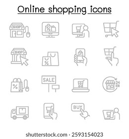 Shopping online icon set in thin line style