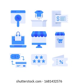 Juego de iconos de compras en línea = Descuento web, desboxeo, factura, compras, comercio electrónico, smartphone, intercambio, calificación, cupón