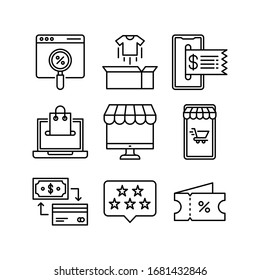 Online-Shopping-Icon-Set = Web-Rabatt, UnBoxen, Rechnung, Einkaufen, E-Commerce, Smartphone, Tauschen, Rating, Coupon
