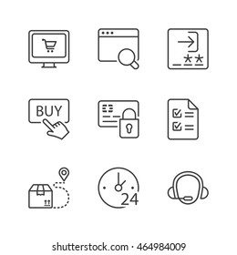 shopping online icons set, thin line, black color