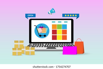 Shopping online illustration concept, peoole using netbook for online shopping concept, can be use for landing page, website, mobile web and aplication vector illustration