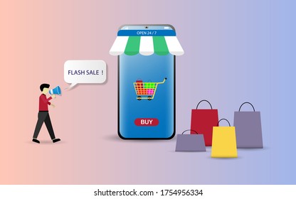 Shopping online illustration concept, people using smartphone for online shopping concept, can be use for landing page, website, mobile web and aplication vector illustration