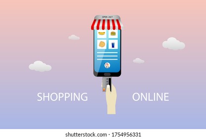 Shopping online illustration concept,  using smartphone for online shopping concept, can be use for landing page, website, mobile web and aplication vector illustration