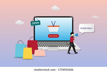 Comprar el concepto de ilustración en línea, personas que usan smartphone para el concepto de compras en línea, puede ser utilizado para la página de inicio, sitio web, web móvil e ilustración vectorial de aplicación