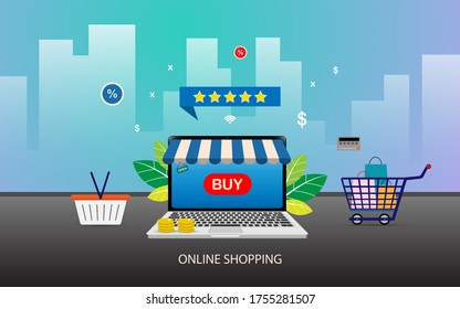 Das Konzept der Online-Illustration mit Laptop oder Netbook für den Online-Einkauf kann für Landing-Page, Website, mobiles Web und Anwendungsvektorgrafik verwendet werden