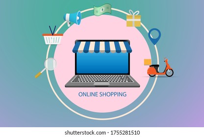 Shopping online illustration concept, using laptop or netbook for online shopping, can be use for landing page, website, mobile web and application vector illustration