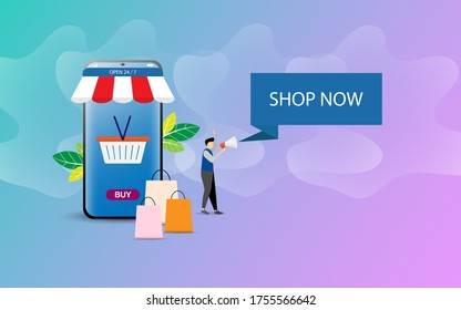 Shopping online illustration concept, using laptop or smartphone for online shopping with tiny character flat style can be use for landing page, website, mobile web and application vector illustration