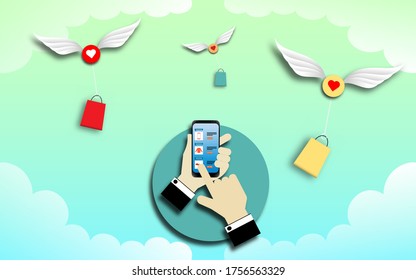 Shopping online illustration in paper art style, vector