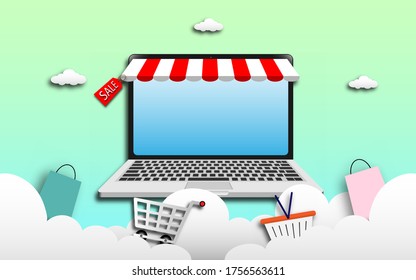 Shopping online illustration in paper art style, vector