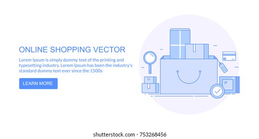 Shopping, Online, Internet, e-Payment, Delivery, Digital vector banner illustration with icons and texts