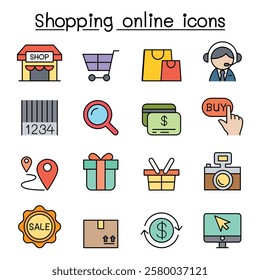 Shopping online , Internet shopping icon set in color line style